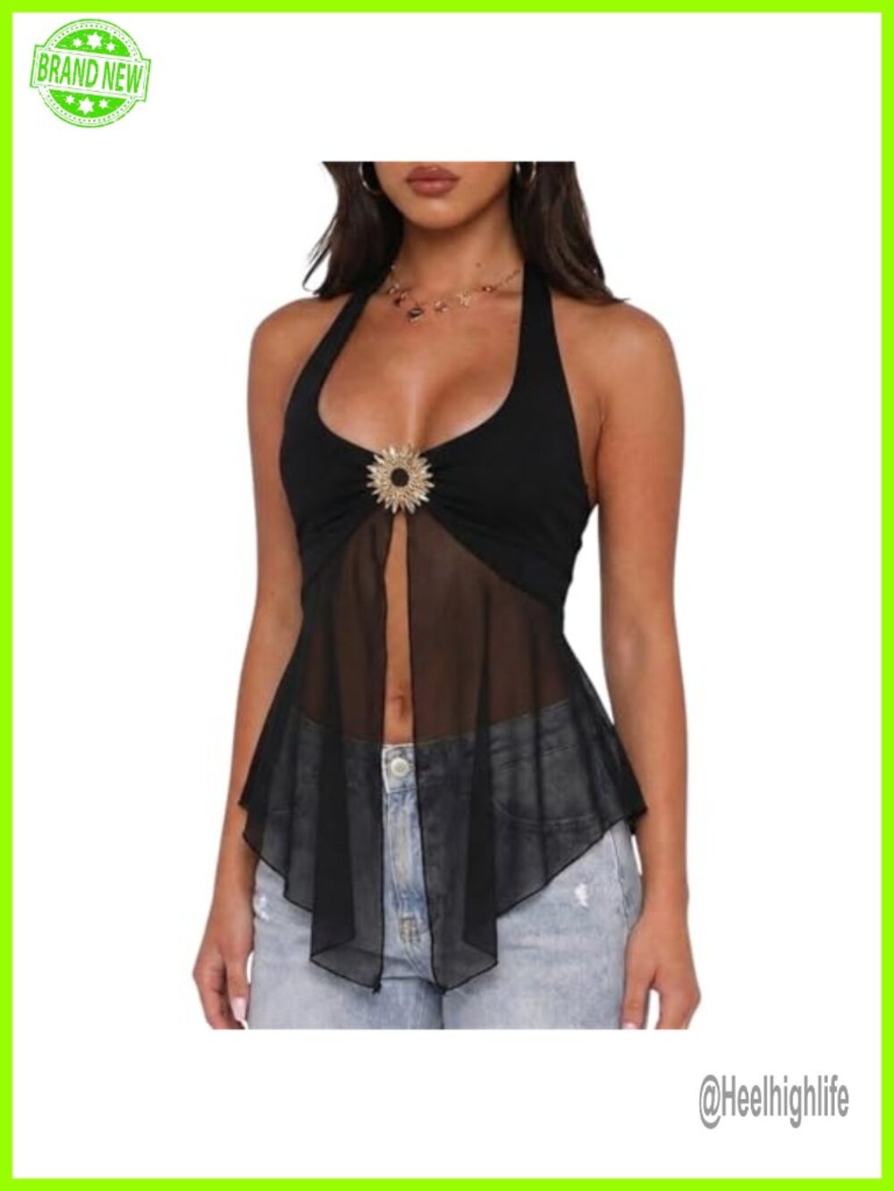 Y2K Sheer Mesh Plunge Halter Top - Flowy Sleeveless Festival Night Out
